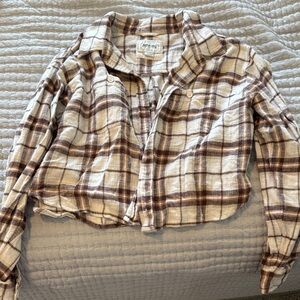 Cropped Plaid Button-Up Shirt - Brown & Cream